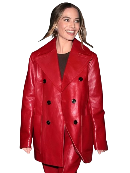 Margot Robbie Glossy Red Leather Pant Coat Margot Robbie Glossy Red Leather Pant Coat